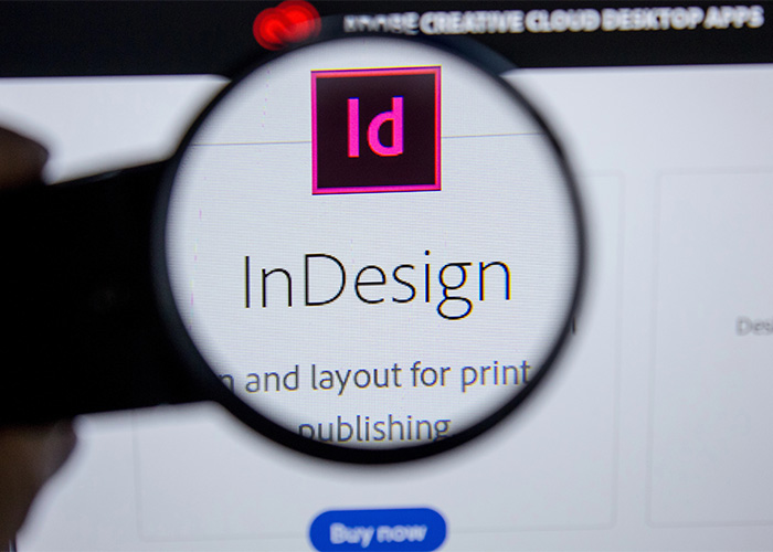 Vergrößerte Ansicht des Adobe InDesign-Logos auf einem Bildschirm, dargestellt mit einer Lupe.