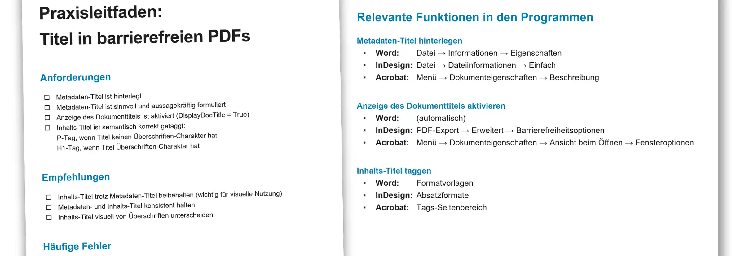 Vorschau des Praxisleitfadens zum Titel in barrierefreien PDFs. Abgebildet ist eine Checkliste für die Anforderungen und eine Übersicht der relevanten Funktionen in Word, InDesign und Acrobat.