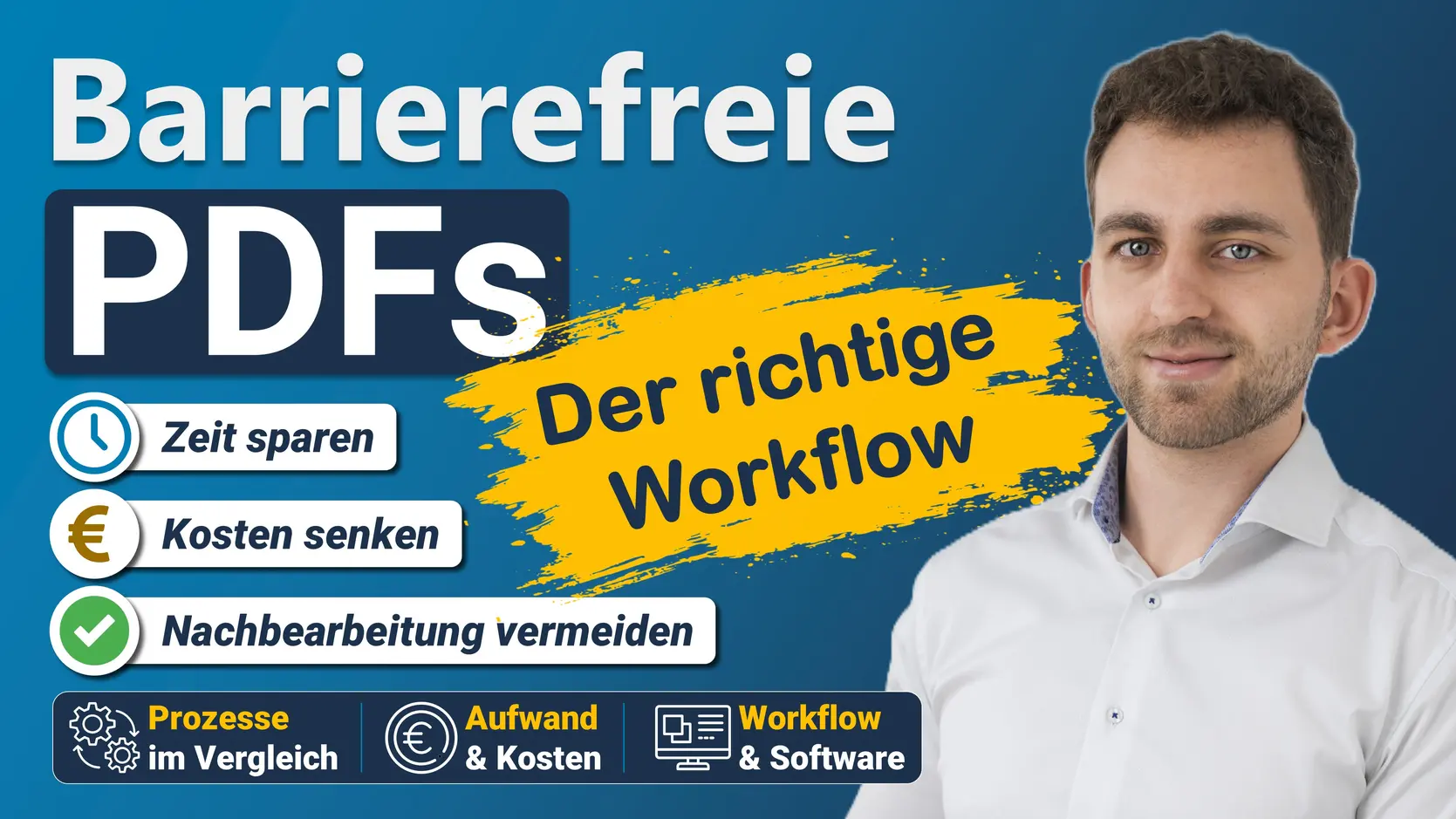 Titelbild zum Thema barrierefreie PDFs erstellen: Der richtige Workflow hilft dabei, Zeit zu sparen, Kosten zu senken und aufwendige Nachbearbeitungen zu vermeiden. Der Artikel vergleicht verschiedene Prozesse, den Aufwand sowie geeignete Softwarelösungen.