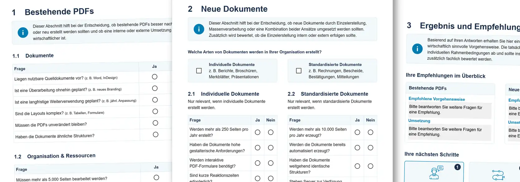 Vorschau des PDF-Kompass. Relevante Fragen zu bestehenden PDFs und zu neuen Dokumenten, um die geeignete Strategie zur Umsetzung barrierefreier PDFs zu finden.